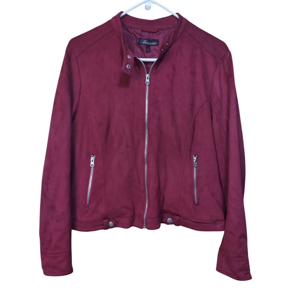 Baccini Burgundy Faux Suede Moto Jacket Womens Large Wine Red Zip Up Biker Coat